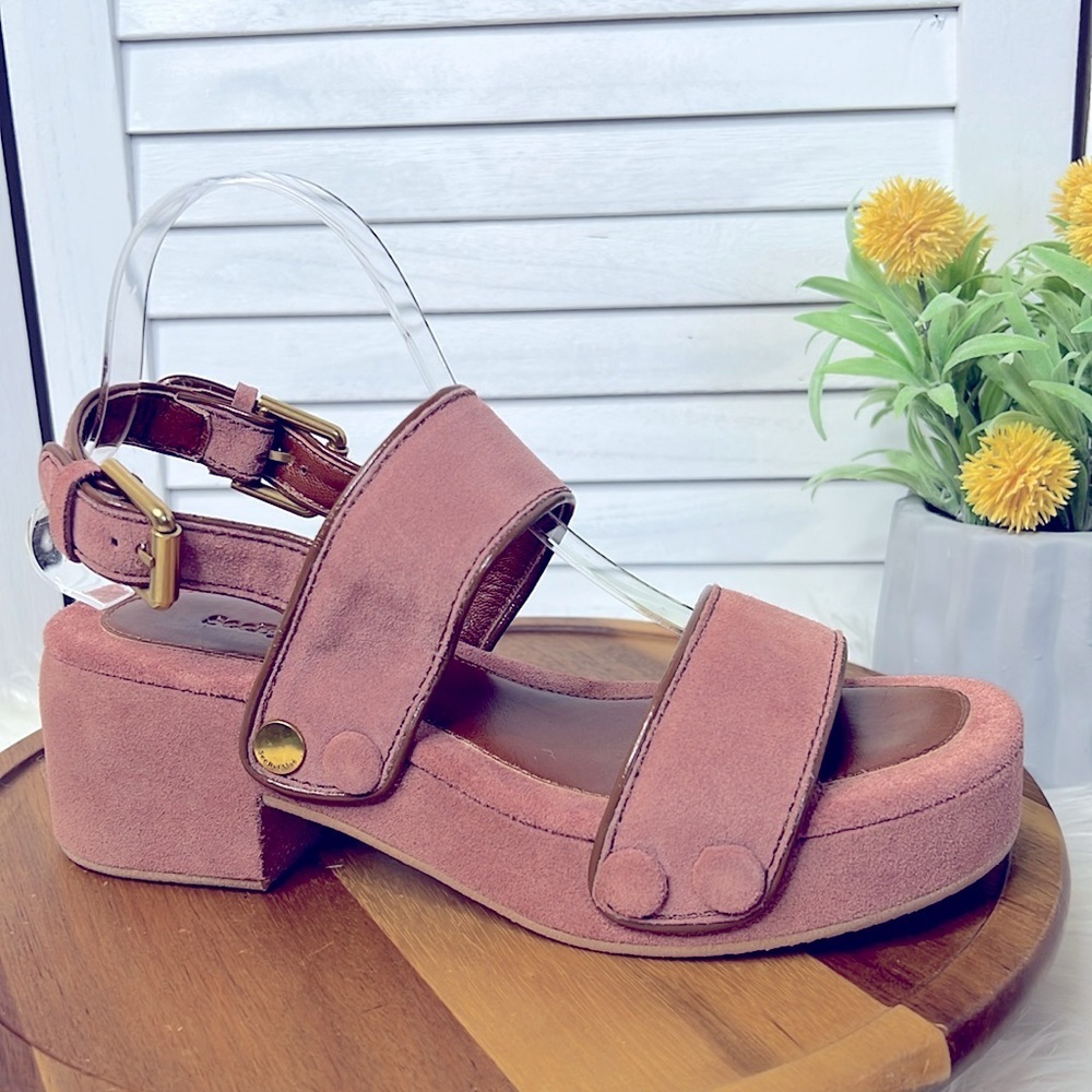 SEE BY CHLOE' l Pink Suede Galy Sandals Chunky Platform Summer Brass Hardware 39 - Picture 3 of 13